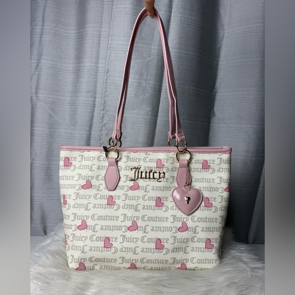 JUICY COUTURE pink heart pecan white I heart juicy tote bag